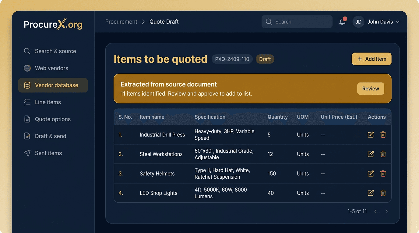 ProcureX.Org workspace: sidebar navigation, line items to be quoted, and RFQ tools